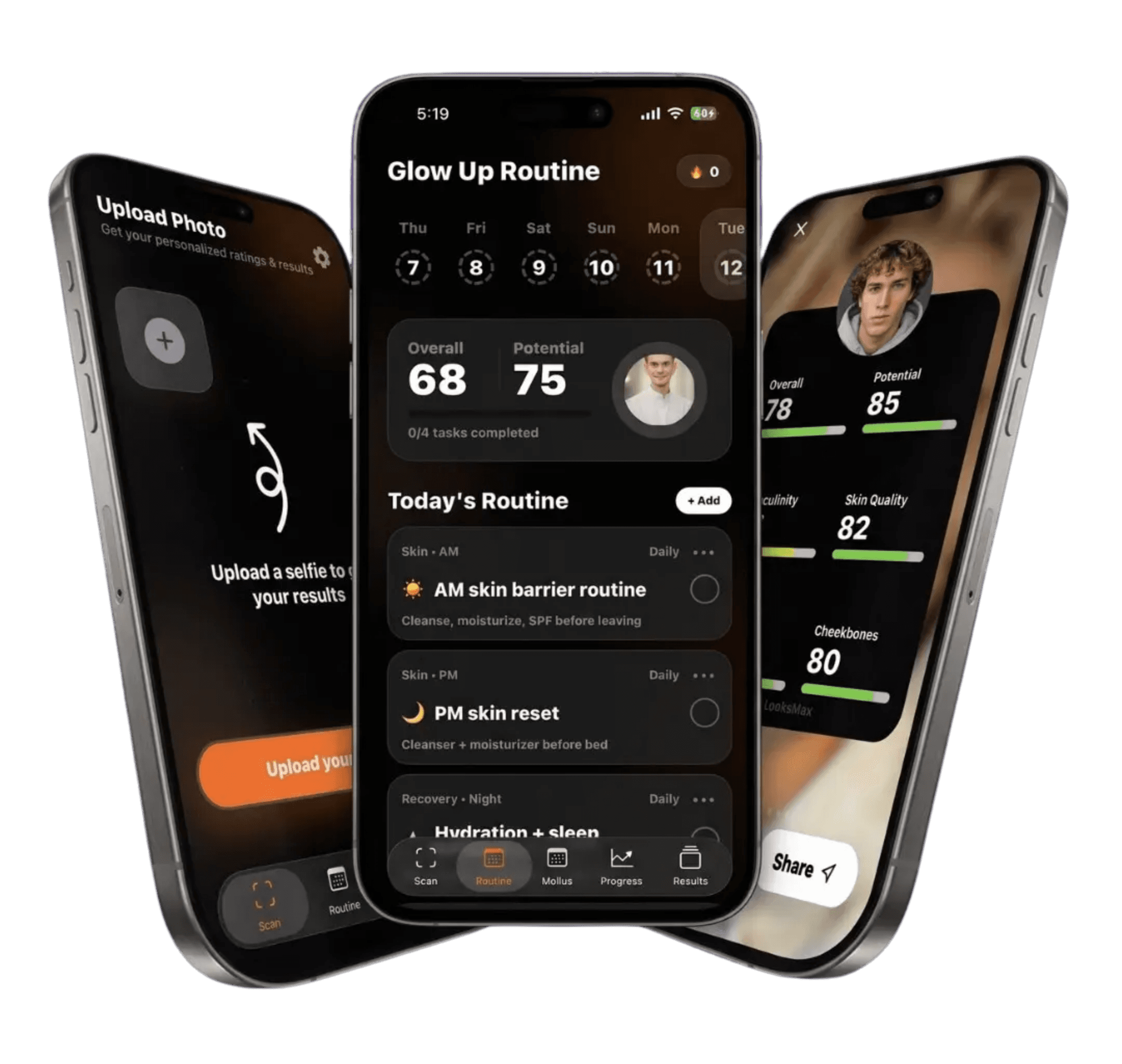 LooksMax app screens — selfie upload, glow-up routine, and personalized face score